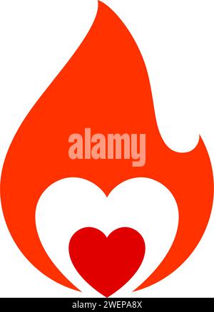 Fiamma di fuoco, simbolo a cuore caldo, illustrazione vettoriale. Illustrazione Vettoriale