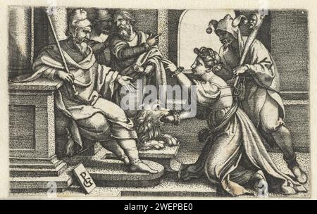 Donna spiega la sua innocenza, Georg Pencz, stampa 1533 - 1534 Una donna accusata di adulterio dichiara la sua innocenza sotto giuramento. Si inginocchia di fronte a un giudice seduto e tiene la mano nella bocca di una statua di un leone. Dietro di lei c'e' un nar. Incisione di carta 'bocca della VeritÃ' (donna accusata di adulterio che mette la mano in bocca scolpita per dimostrare la sua innocenza) Foto Stock