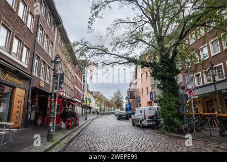 Immagine di una strada pedonale di Dusseldorf, Germania, con edifici fast food nel centro della città. Düsseldorf è una città della Germania occidentale per la quale è nota Foto Stock