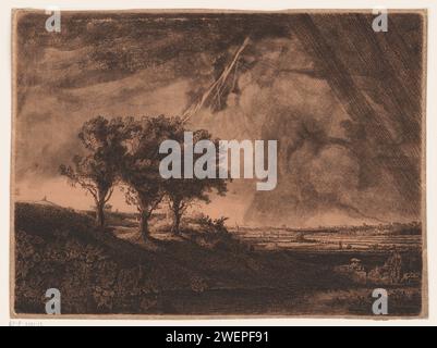 Tre alberi con fulmine, William Baillie, dopo Rembrandt van Rijn, 1750 - 1810 carta stampata incisione / gruppi di alberi a secco. thunder. paesaggi nella zona temperata (+ paesaggio con cifre, personale) Foto Stock