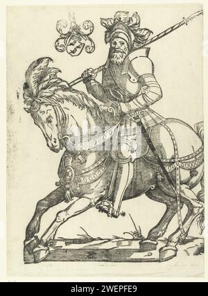 Ritratto di Maarten van Rossum a cavallo, Cornelis Anthonisz., 1600 - 1699 stampa Maarten van Rossum in imbracatura a cavallo. In alto a sinistra la sua arma. Il suo nome e indirizzo dell'editore sono stati cancellati. ritratto di stato equestre su carta Foto Stock