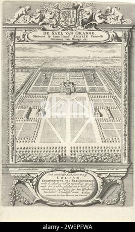 Palazzo Huis ten Bosch in poche parole, Jan Matthysz, dopo Pieter Jansz. Post, 1655 stampa Huis ten Bosch a l'Aia in breve, con i giardini e gli edifici annessi, in una cornice ornamentale. Nel mezzo di uno stemma coronato. palazzo di incisione di carta. Giardino francese o architettonico; giardino formale. Vista dall'alto  progetto architettonico o modello Palazzo Huis ten Bosch Foto Stock