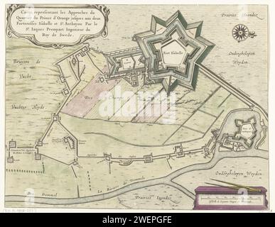 Trincee dell'Esercito Staatse ai forti Isabella e Sint-Anthonie durante l'assedio di Den Bosch, 1629, Anonimo, 1629 - 1630 stampa mappa con le trincee dell'Esercito di Stato ai forti Isabella e Sint-Anthonie. Parte dell'assedio di Den Bosch da parte dell'esercito di Stato al comando di Frederik Hendrik, dal 1 maggio al 17 settembre 1629. Iscrizioni nello spettacolo in francese e olandese. Probabilmente appartiene alla grande mappa dell'assedio. mappe di incisione cartacea di paesi o regioni diversi. Fortificazioni, ingegneria militare Den Bosch. Fort Isabella (Den Bosch). Fort Sint-anthonie (Den Bosch) Foto Stock