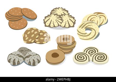 Immagine di una serie di cookie diversi su sfondo bianco. Illustrazione Vettoriale