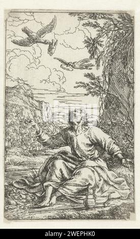 Elia è nutrita da Raven nel deserto, Jonas Umbach, 1634 - 1693 stampa Elijah seduto sul pavimento in un paesaggio, un bastone ai suoi piedi una caraffa. Guarda in alto dove volano due corvi con pane e carne in bocca. La carta incide Elia alimentata dal corvo: Mentre il profeta vive vicino al ruscello, i corvi gli portano il cibo Foto Stock