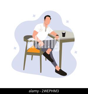 Un uomo seduto al tavolo a bere caffè. Illustrazione vettoriale in stile piatto Illustrazione Vettoriale