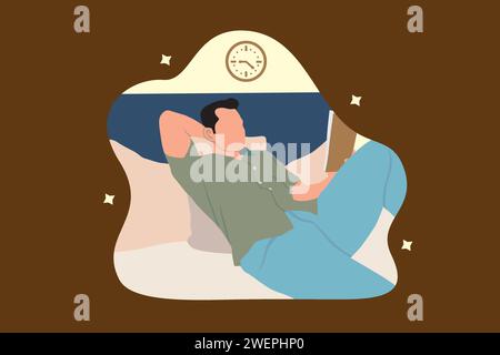 Giovane che dorme a letto la notte. Illustrazione vettoriale in stile piatto Illustrazione Vettoriale