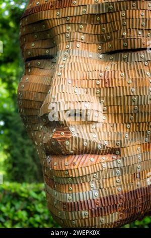 Una scultura facciale in legno con occhi rivettati Foto Stock