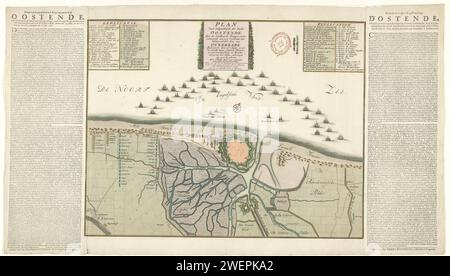 Assedio di Ostenda, 1706, 1706 Stampa Mappa dell'assedio di Ostenda da parte degli Alleati al comando di Hendrik van Nassau, signore di Ouwerkerk, assediato dal 17 giugno, preso il 6 luglio 1706. In cima al cartiglio con le leggende A-S e 1-18 in francese e olandese. Le riviste di testo sono bloccate su entrambi i lati della carta con una storia dell'assedio in olandese e francese. mappe di stampa con incisione su carta/tipografia di paesi o regioni diversi. Assedio, posizione guerra Ostenda Foto Stock