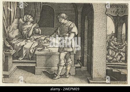 Tobias mette il cuore e il fegato del pesce sull'incenso, Georg Pencz, stampa del 1543 Tobias brucia il cuore e il fegato del pesce precedentemente catturato su una ciotola di incenso nella camera da letto. Sara è a letto in attesa della redenzione del demone che l'aveva incantata. Nella galleria accanto alla partenza, l'angelo Rafaël manda via il demone (Tobia 8,2). L'incisione di carta Tobias giace il cuore e il fegato del pesce su carboni luminosi; lo spirito malvagio Asmodeus scompare Foto Stock