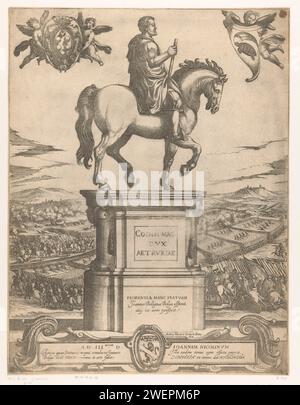 Statua di Ruiter di Cosimo i, Granduca di Toscana, Antonio tempesta, dopo Giammologna, stampa del 1608 statua equestre di Cosimo i, Granduca di Toscana. Soldati che combattono in sottofondo. In alto a sinistra lo stemma della famiglia De'Medici indossato dai putti e un angelo con un cartiglio con l'emblema di Cosimo. Sotto la statua un cartiglio con assegnazione in latino. statua equestre con incisione di carta. battaglia. il soldato, la vita del soldato. guerra; affari militari (+ cavalleria, cavalieri). cupidi: 'amores', 'amoretti', 'putti' Foto Stock