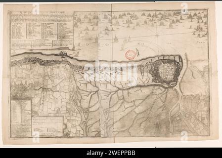 Assedio di Ostenda, 1706, Jacobus Harrewijn, 1707 stampa mappa dell'assedio di Ostenda da parte degli Alleati al comando di Hendrik van Nassau, signore di Ouwerkerk, assediato dal 17 giugno, preso il 6 luglio 1706. In alto a sinistra un cartiglio intitolato e la leggenda 1-57 in francese. In basso a sinistra un cartiglio con una lista dei reggimenti che parteciparono all'assedio con in cima all'arma di Hendrik van Nassau, signore di Ouwekerk e sotto una ciotola: Eschelle de 300 Toises. mappe di incisione cartacea di paesi o regioni diversi. Assedio, posizione guerra Ostenda Foto Stock