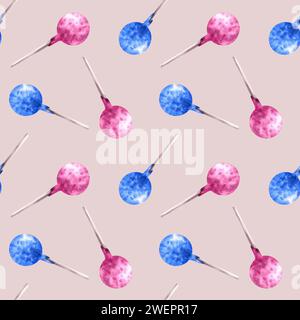 Motivo acquerello senza cuciture con torte pop rosa e blu disegnate a mano caramelle da festa stampa Lollipop per sfondi, involucri e decorazioni di compleanno Foto Stock