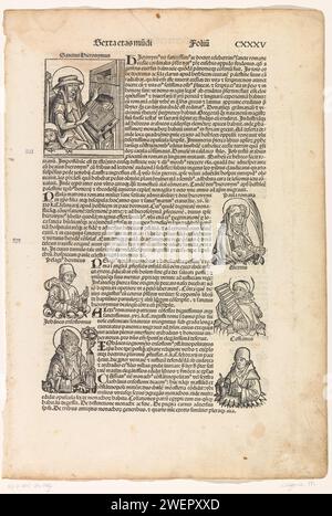 Pagina dalla Cronaca di Norimberga di Schedel, Folio 135R, Michel Wolgemut (laboratorio di), 1493 stampa pagina dalla Cronaca di Norimberga di Hartmann Schedel con il Sacro Geronimo nel suo studio, Pelagio, Johannes Chrysostomus, Saint Paula van Rome, Alessio di Edessa e Johannes Cassianus. Numerato in alto a destra: CXXXV. Tipografia cartacea che stampa il monaco e l'eremita Girolamo (Hieronymus); possibili attributi: Libro, cappello cardinale, crocifisso, clessidra, leone, teschio, pietra. santi. uomini di storia classica Foto Stock