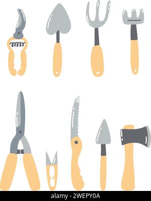 Attrezzi da giardino disegnati a mano. Set di attrezzature agricole. Illustrazione Vettoriale