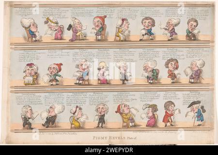 Ventiquattro caricature di uomini e donne che leggono il giornale, F. Sansom, dopo George Moutard Woodward, 1801 stampa di carta incisione giornale, foglio di notizie. lettura. caricature (tipi umani) Foto Stock