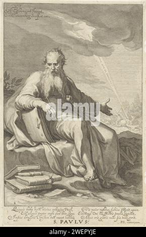 Bene H. Paulus, Willem Isaacsz. Van Swanenburg, dopo Abraham Bloemaert, 1609 - 1611 stampa Paolo è in un paesaggio. Si appoggia su un libro e tiene gli utensili da scrittura. Una spada poggia contro la gamba. C'è una pila di libri davanti a lui. In lontananza è raffigurata la conversione di Paolo, in cui un raggio dal cielo con la traduzione latina delle parole di Cristo Saul, Saul, perché continui finisce in un gruppo di soldati e Paolo cade dal suo cavallo. Sotto la performance c'è un testo latino a sei righe con una descrizione della scena. Carta incisione dell'apostolo Paolo di Tarso; possibili attrici Foto Stock