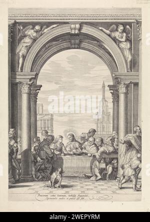 Cristo al pasto nella casa di Levi de Tollenaar (tavola 2), Jan Saenredam, dopo Paolo Veronese, 1575 - 1607 stampa l'interno rinascimentale della Huis van Levi de Tollenaar. In primo piano una scala con ospiti che mangiano. La stampa ha una didascalia latina. Piastra centrale di una stampa con una performance da tre lastre. Al dipinto di Paolo Veronese del 1573 nell'Accademia di Venezia. Pasto di incisione di carta nella casa di Levi (Matteo) (Matteo 9:10-13; Marco 2:15-17; Luca 5:29-32). terrazza. cena, cena, cena Foto Stock