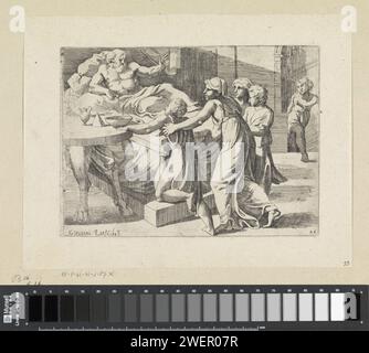 Jakob benedetto da Isaak, Giovanni Lanfranco, dopo Rafaël, stampa del 1607 Jakob si inginocchia accanto al letto di suo padre. Jakob è benedetto da suo padre. Esaù entra nello sfondo, il figlio che avrebbe dovuto essere benedetto da Isaac. Carta che incide la benedizione di Isacco (di Giacobbe ed Esaù) (Genesi 27) Foto Stock