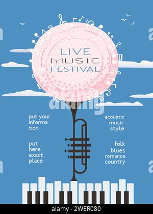 Poster vettoriale dal design minimale del Live Music Festival. Pianoforte, silhouette a tromba, illustrazione di cartoni animati in fiore. Modello di annuncio per spettacoli musicali. Illustrazione Vettoriale