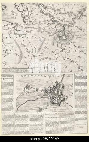 Mappa dell'assedio di Den Bosch e una mappa della città, 1629, Anonimo, 1629 stampa foglia con due spettacoli. In cima a una mappa di Den Bosch e dell'area circostante, attaccò una mappa della città in fondo, durante l'assedio da parte dell'esercito Staatse al comando di Frederik Hendrik, dal 1 maggio al 17 settembre 1629. La mappa in alto ha un cartiglio con la leggenda A-K. La scheda in basso ha 3 colonne di testo in olandese e in basso e sulla destra 3 colonne di testo in francese. carte per incisione/stampa di carta con stampa a stampa di carte di paesi o regioni diversi. mappe delle città. Assedio, mettere guerra al Bosch Foto Stock