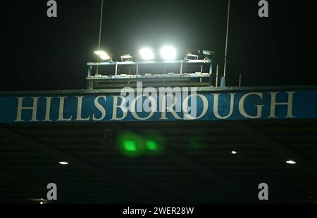 Hillsborough Stadium, Sheffield, Regno Unito. 26 gennaio 2024. Fa Cup Fourth Round Football, Sheffield Wednesday contro Coventry City; il nome dello stadio in luci credito: Action Plus Sports/Alamy Live News Foto Stock