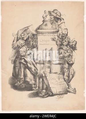 Bambini intorno a una scatola di osservazione, S. Dejour, 1878 stampa sette ragazzi e ragazze si sono riuniti intorno a una scatola di osservazione con un uomo in cima con una gobba. Dietro la credenza c'è il proprietario. Un portfolio con stampe si appoggia contro una sedia di fronte alla scatola di visualizzazione. carta peep-show Foto Stock