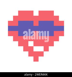 Sorridere o sorridere l'emoticon, il cuore con occhiali scuri o l'emoji in stile pixel con occhi e bocca, illustrazione vettoriale Illustrazione Vettoriale