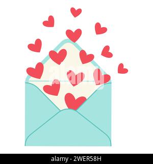 Busta postale, lettera Love Message con cuori volanti, isolato su sfondo bianco. Buon San Valentino. Al mio amore. Illustrazione vettoriale Illustrazione Vettoriale