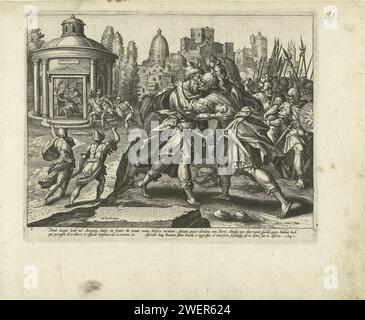 Joab uccide Amasa: Il quinto comandamento, Adriaen Collaert, dopo Maerten de Vos, 1585 - 1589 stampa Joab tradisce Amasa e lo uccide senza il permesso di Davide. Lo pugnalò sotto le spoglie di un abbraccio amichevole (2 Samuele 20: 8-12). Questa è una violazione del quinto comandamento: "Non ucciderai". Sullo sfondo il risultato di questo atto. Joab viene a sua volta assassinato dai soldati di Solomos, in cerca di protezione nel tempio. La stampa ha una didascalia latina. La serie stampa descrive i dieci Comandamenti attraverso scene dell'Antico Testamento. incisione su carta 'non uccidere'  rappresentazioni separate Foto Stock