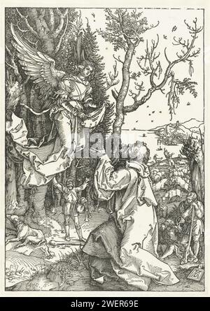 L'annuncio a Gioacchino, Albrecht Dürer, 1502 - 1506 stampa in una foresta, Gioacchino si inginocchia per un angelo che annuncia la nascita di sua figlia Maria. Sullo sfondo alcuni pastori e le loro mandrie. Ancora più lontano sullo sfondo una baia. Questa stampa fa parte di una serie di 20 stampe, composta da un titolo stampato e 19 stampe con scene della vita di Maria. Annuncio di carta della nascita di Maria a Gioacchino da parte di un angelo Foto Stock