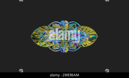 Sagoma simmetrica astratta, ricurva e coloratissima, a più strati, con texture artistiche - illustrazione 3d. Foto Stock