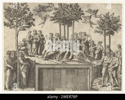 Apollo e Muzen sul Berg Parnaso, Marcantonio Raimondi, dopo Rafaël, 1517 - 1520 stampa Apollo suona su un argano ed è circondato da nove muse sul monte Parnaso. I poeti discutono l'uno con l'altro e Putti distribuiscono corone di alloro. Sotto la stampa c'è un'iscrizione che si riferisce alla fonte di ispirazione per questa prestazione. Incisione su carta (storia di) Apollo (Phoebus). Parnaso, sacro ad Apollo Musagetes Foto Stock