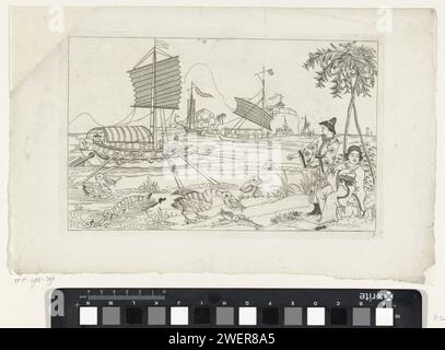 Barche a vela cinesi in una baia, con alimentazione di uccelli acquatici, c. 1715 - c. 1725 stampa paesaggio con una nave a vela con germi a remi sull'acqua. Uccelli acquatici che pescano in primo piano. A destra due figure sotto una palma. Carta con incisione cinese. corso d'acqua. uccelli acquatici. barca a vela, barca a vela Foto Stock