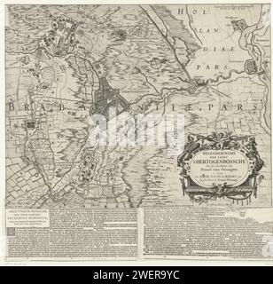 Assedio di Den Bosch di Frederik Hendrik, 1629, 1629 stampa mappa con l'assedio di Den Bosch da parte dell'esercito di Stato sotto Frederik Hendrik, dal 1 maggio al 17 settembre 1629. Con gli accampamenti militari del principe Frederik Hendrik, del conte Ernst Casimir, del conte Willem e del signore di Brederode. In basso a destra un grande cartiglio ornamentale con i titoli e decorato con figure allegoriche. Un foglio di testo appartiene alla stampa. mappe di incisione cartacea di paesi o regioni diversi. Assedio, mettere guerra al Bosch Foto Stock