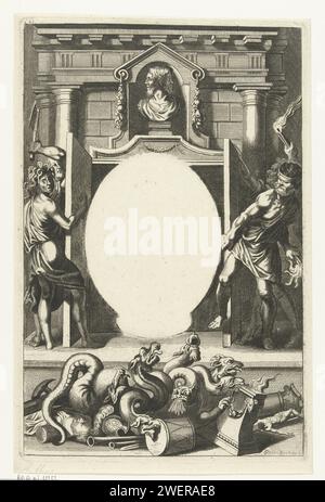 Cornice allegorica, Gaspar Bouttats, dopo Lucas Vorsterman (i), dopo Peter Paul Rubens, 1650 - 1695 stampa la parte anteriore del tempio di Giano. In cima a una nicchia il busto a due teste di Giano. Le porte del tempio sono aperte da quattro figure. A destra c'è la rabbia cieca (con una benda e una torcia) e un altro uomo con una torcia. A sinistra ci sono Discordia (con la testa di Medusa) e un uomo con un'ascia in mano. In fondo alla stampa c'è un idra di sette membri (simbolo di eresia) che distrugge l'arte e i manufatti religiosi. Incisione/incisione della carta "Hydra"; "Hidra" (Ripa). (Storia di) Giano. J Foto Stock