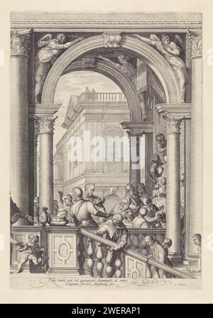 Cristo al pasto nella casa di Levi de Tollenaar (tavola 3), Jan Saenredam, dopo Paolo Veronese, 1575 - 1607 stampa l'interno rinascimentale della Huis van Levi de Tollenaar. In primo piano una scala con ospiti che mangiano. La stampa ha una didascalia latina. Piastra destra di una stampa con una performance da tre lastre. Al dipinto di Paolo Veronese del 1573 nell'Accademia di Venezia. Pasto di incisione di carta nella casa di Levi (Matteo) (Matteo 9:10-13; Marco 2:15-17; Luca 5:29-32). terrazza. scala. cena, cena, cena Foto Stock