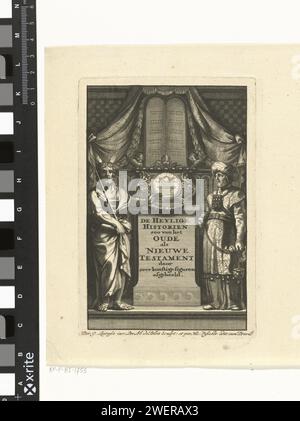 Allegoria sul vecchio e nuovo Testamento con Mosè e Aronne, Abraham de Blois, dopo Gerard de Lairesse, 1651 - 1679 stampa Allegoria sul vecchio e nuovo Testamento con la glorificazione delle tabelle della legge e dell'Arca dell'Alleanza su un piedistallo. Mosè e Aaron come sommo sacerdote sono da entrambe le parti. Sulla rivista viene stampato un secondo album con una pagina del titolo diversa. L'Arca dell'Alleanza per incidere su carta  religione ebraica. Mosè (non in contesto biblico); possibili attributi: Raggi di luce o corna sulla sua testa, asta, tabelle della legge. Aaron (non in contesto biblico); attributi possibili: A Foto Stock