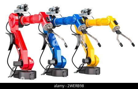 Bracci robotici colorati, rendering 3D isolato su sfondo bianco Foto Stock