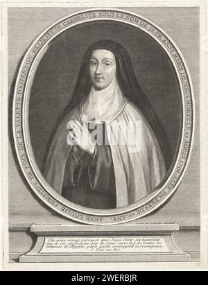 Portret van Anne-Louise-Christine de Foix de la Valette d'Epernon, Gerard Edelinck, dopo Charles Beaubrun, 1652-1707 stampa Ritratto di Karmelietes sorella Anne-Louise-Christine de Foix de la Valette d'Epernon (1622-1701). Visualizzato con le mani unite, in una cornice ovale con testo, incluse tre righe di latino. incisione su carta Foto Stock