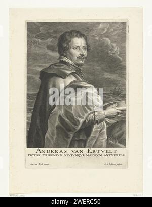 Ritratto del pittore Andries van Eertvelt, Schelte Adamsz. Bolswert, dopo Anthony Van Dyck, 1596 - 1659 stampa carta incisione ritratto, autoritratto del pittore Foto Stock