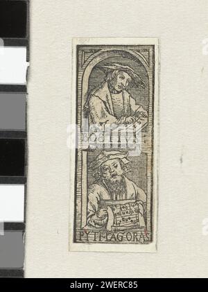 Boëthius a Pythagoras, Anonymous, 1521 stampa due dei quattro ritratti di scienziati dell'antichità di Grieke e dell'alto Medioevo. Boëthius scrivere e Pitagora con spartiti nelle sue mani. Paper Pitagora, il filosofo. Uomini di storia classica (BOEZIO) Foto Stock