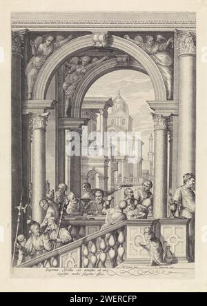 Cristo al pasto nella casa di Levi de Tollenaar (tavola 1), Jan Saenredam, dopo Paolo Veronese, 1575 - 1607 stampa l'interno rinascimentale della Huis van Levi de Tollenaar. In primo piano una scala con ospiti che mangiano. La stampa ha una didascalia latina. Lastra sinistra di una stampa con una performance da tre lastre. Al dipinto di Paolo Veronese del 1573 nell'Accademia di Venezia. Pasto di incisione di carta nella casa di Levi (Matteo) (Matteo 9:10-13; Marco 2:15-17; Luca 5:29-32). terrazza. scala. cena, cena, cena Foto Stock