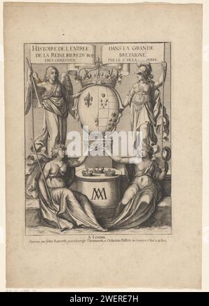 Faam e Minerva con l'arma di Maria de' Medici, Venceslao Hollar, 1639 stampano l'arma coronata di Maria de' Medici, posseduta da Faam e Minerva, forse qui intesa come patrona delle arti Entrambe le donne hanno anche uno striscione con parte del titolo. Tra questi un altare con il monogramma AM (Alma Mater). Ci sono tre corone sull'altare. Simboleggiano i tre figli di Maria de' Medici che sedette sul trono nel 1639: Luigi era re di Francia, Elisabetta era regina di Spagna e Enrichetta Maria era sposata con Karel i d'Inghilterra. Due giovani donne con un bastone e uno specchio tengono una corona di alloro Foto Stock