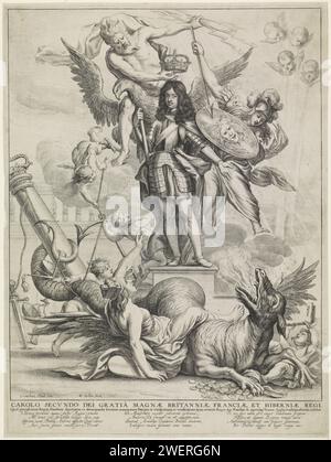 Allegoria su re Carlo II d'Inghilterra, Wencslaus Hollar, dopo Cornelis Schut (i), 1650 stampa Allegoria su re Carlo II d'Inghilterra. Il re si erge su un piedistallo ed è incoronato da Giove. Minerva è apparsa accanto a lui. A terra un drago, una donna con una corona (Londra?) E angeli. righello per incisione/incisione su carta, sovrano. (Storia di) Giove (Zeus). (Storia di) Minerva (Pallas, Atena). drago. personificazione di una città, città-patrono (ess). angeli Foto Stock