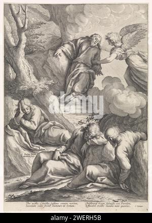 Cristo in the Hof van Getsemane, Jacob Matham, dopo Jacopo Palma, 1594 - 1598 stampa Cristo alla corte di Getsemane. Tre apostoli addormentati in primo piano. Dietro di esso Cristo che è sostenuto da un angelo. Carta che incide la preghiera di Cristo nel Giardino del Getsemani durante la notte. Agonia di Cristo: Per confortarlo uno o più angeli appaiono a Cristo con calice e/o croce Foto Stock