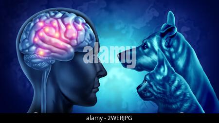 Pets and Dementia Therapy e miglioramento della salute del cervello e dell'umore o interazione sociale come beneficio psicologico con PET Therapy come concetto di aiuto Foto Stock