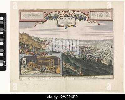 Veduta di Medlinga/Mödling, stampa 1617 veduta di Mödling e dintorni. In basso a sinistra una scommessa con l'immagine delle persone al lavoro con una pressa per vini. Pressione del libro su verso. Da "Civitates Orbis Terrarum", 1572-1680. Carta incisione vineria Mödling Foto Stock