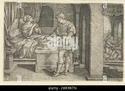 Tobias mette il cuore e il fegato del pesce sull'incenso, Georg Pencz, stampa del 1543 Tobias brucia il cuore e il fegato del pesce precedentemente catturato su una ciotola di incenso nella camera da letto. Sara è a letto in attesa della redenzione del demone che l'aveva incantata. Nella galleria accanto alla partenza, l'angelo Rafaël manda via il demone (Tobia 8,2). L'incisione di carta Tobias giace il cuore e il fegato del pesce su carboni luminosi; lo spirito malvagio Asmodeus scompare Foto Stock