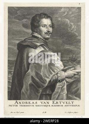 Ritratto del pittore Andries van Eertvelt, Schelte Adamsz. Bolswert, dopo Anthony Van Dyck, 1596 - 1659 stampa carta incisione ritratto, autoritratto del pittore Foto Stock